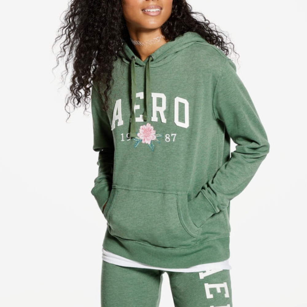 Aeropostale Green 1987 Floral Pullover Hoodie Size XS